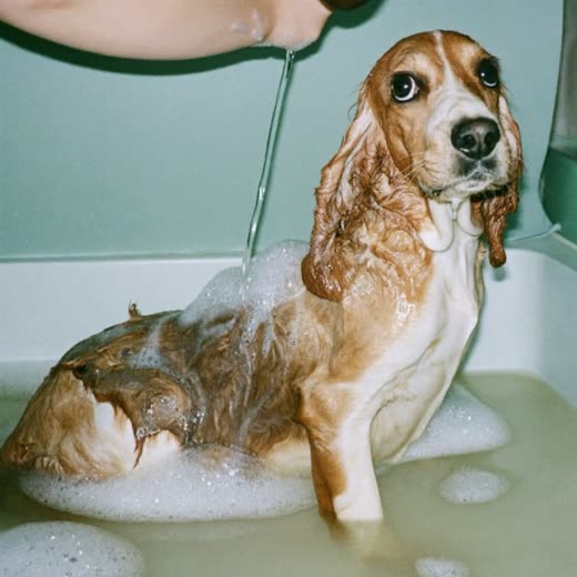 A spaniel being bathed, soap on its coat